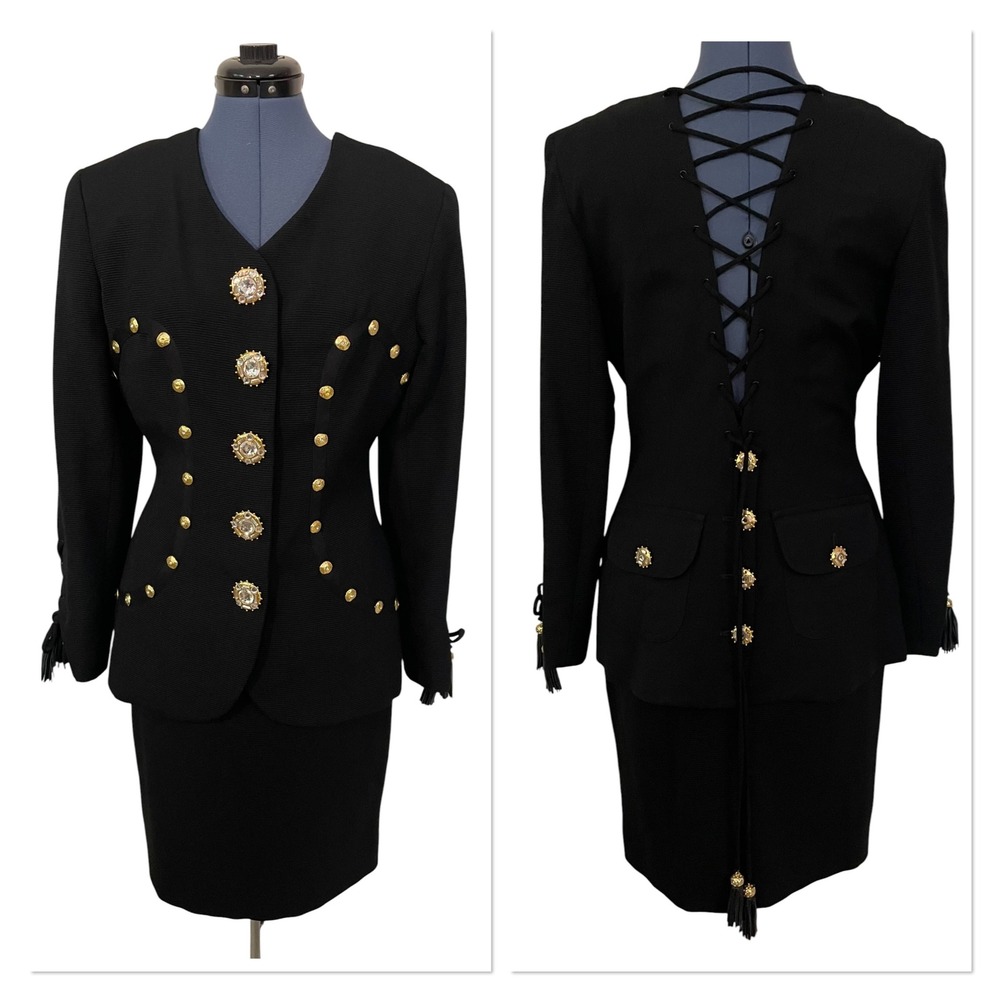 Vtg Gemma Kahng NY Black Gold Wool Power Skirt Suit Lace Up Back Military Glam
